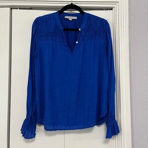 LOFT Ruffle Cuff Blouse V-Neck Long Sleeve Top Royal Blue Size Small‎